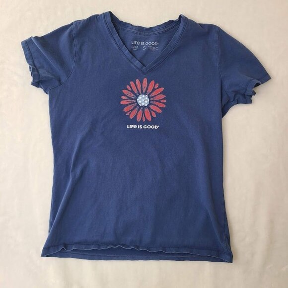 Life Is Good Womens Navy Blue V-Neck T-Shirt With Patriotic Daisy Graphic Small - Picture 8 of 8
